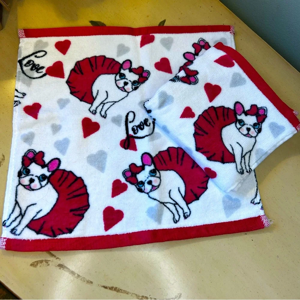 Bebe White French Bulldog Ballerina Tutu Hearts Love Wash Cloths Towels 2 NEW